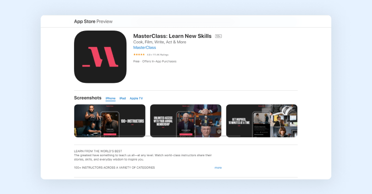 Masterclass mobile app Masterclass mobile app