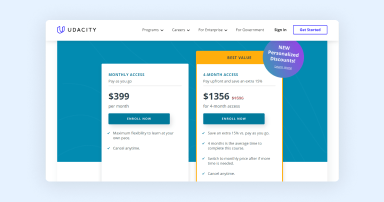 Typical Udacity course pricing Typical Udacity course pricing